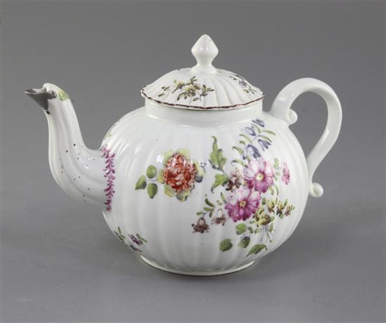 A rare Derby ribbed globular teapot and cover, c.1758, l. 19cm, old metal repair to spout tip